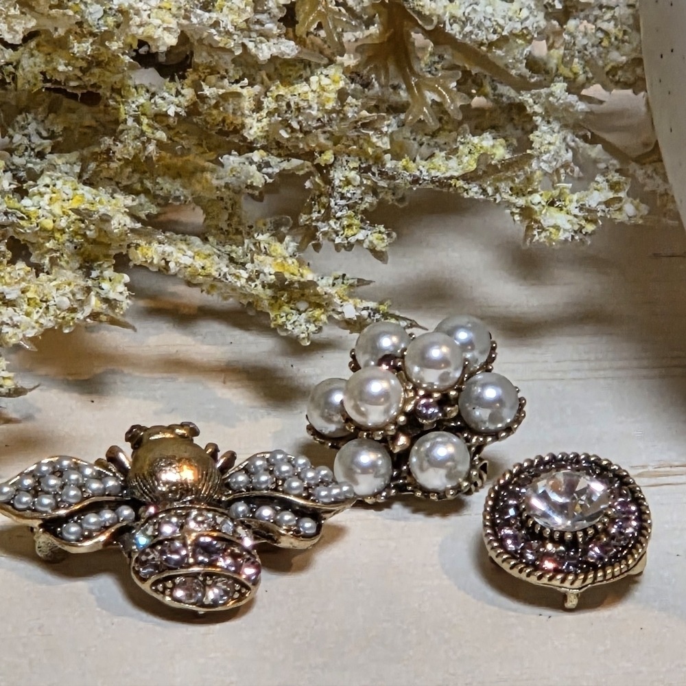 Bee, Pearl & Clear Zirconia Brooch Trio Set Luxe Bling Vintage Style